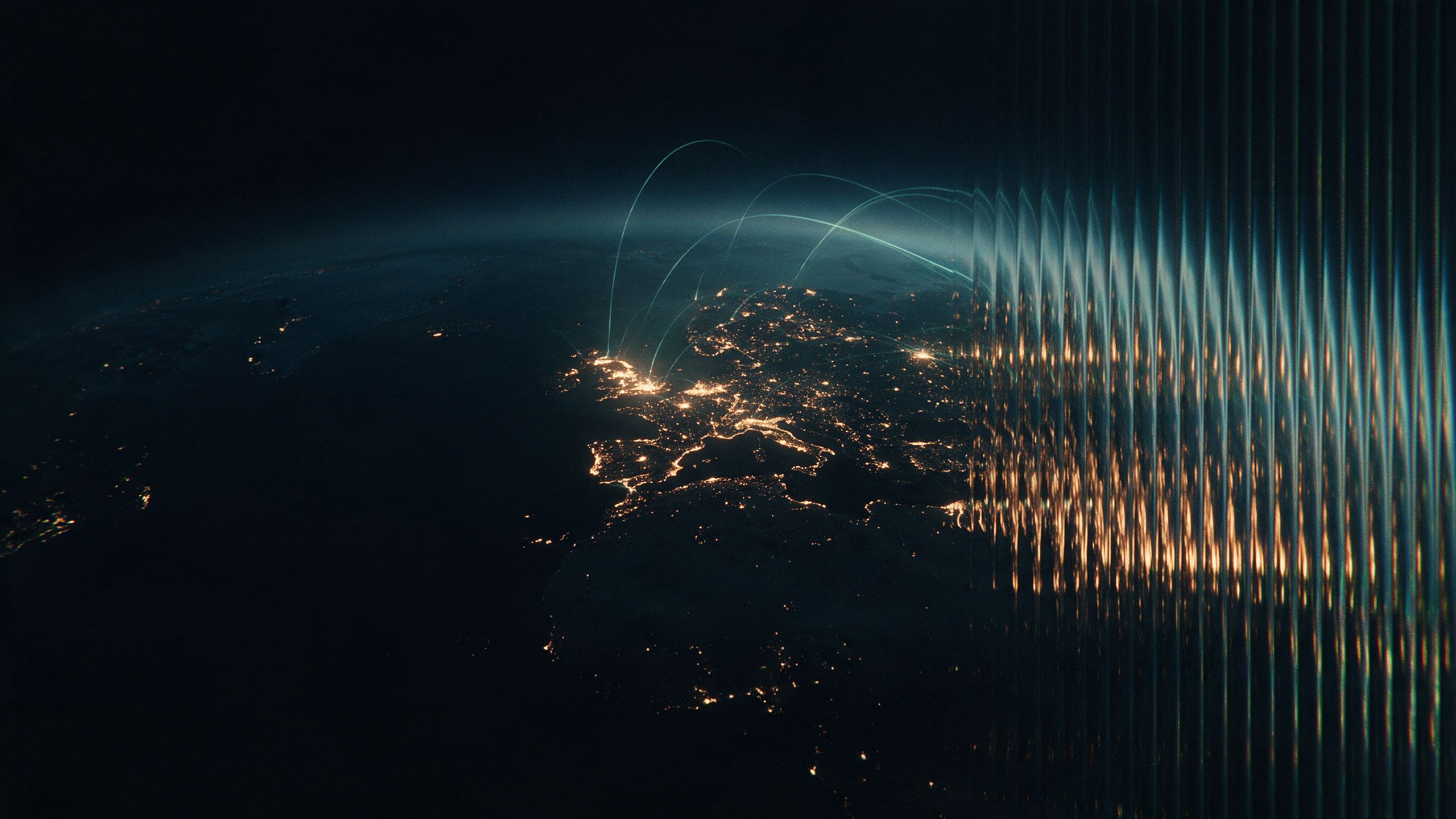 Earth at night seen from orbit, city lights spread across Europe and North Africa with arcing light trails, the right of the frame fragmented into vertical slices of gold and teal