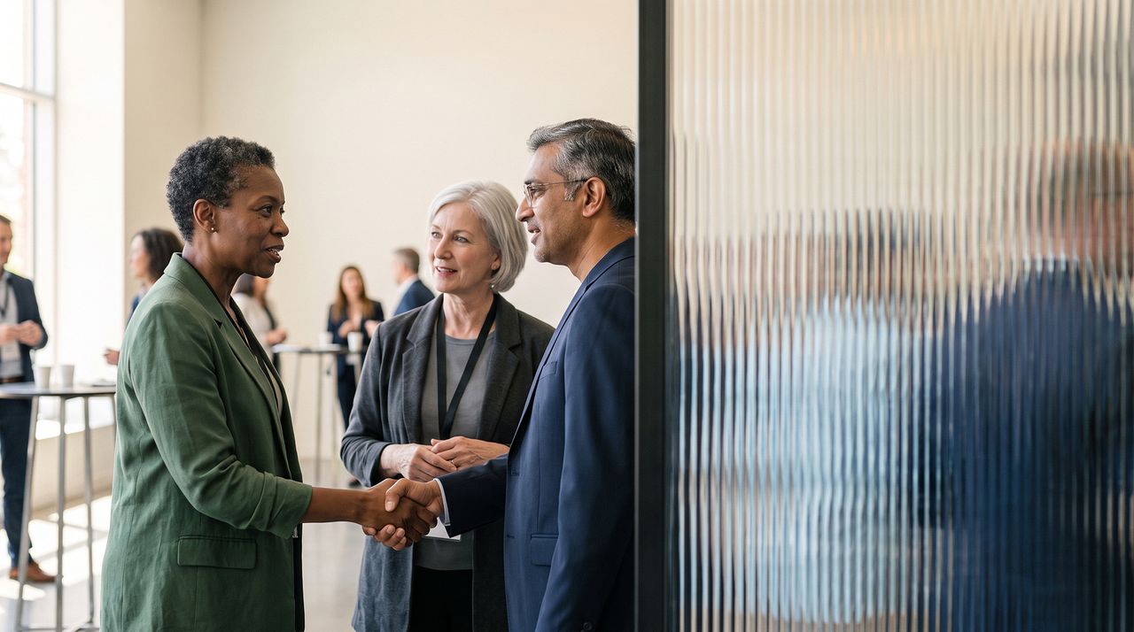 Two colleagues shaking hands at a networking event