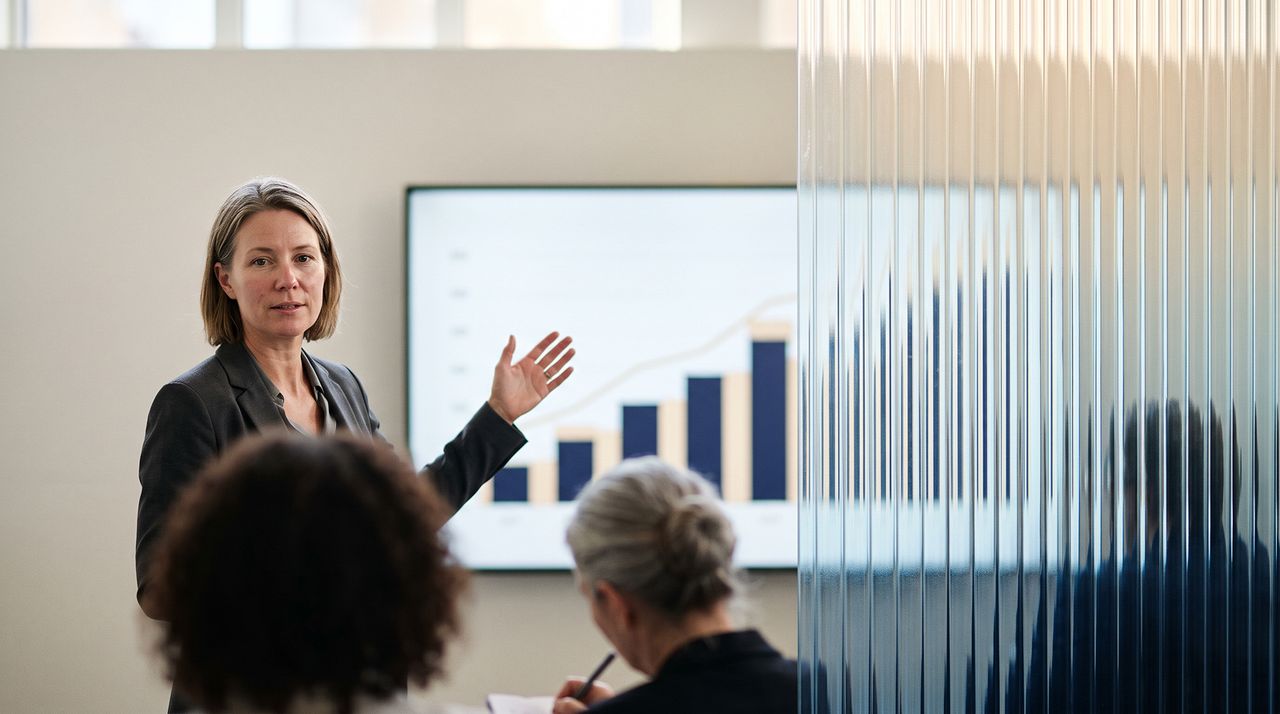 A presenter gesturing at a screen showing a rising bar chart