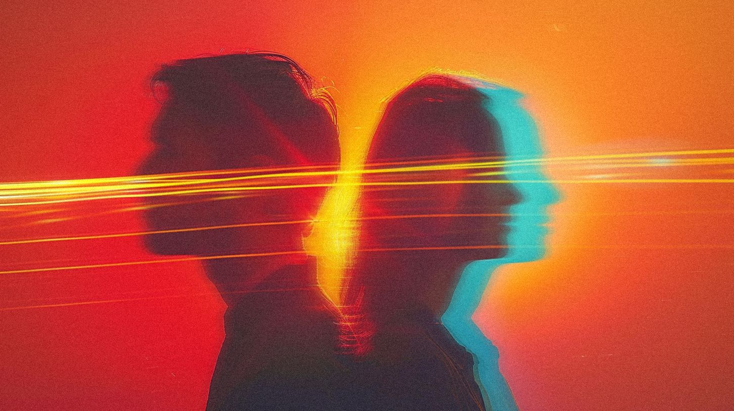 Two motion-blurred portraits in profile, back to back against a red and orange field and crossed by horizontal streaks of yellow light, the right figure edged in cyan