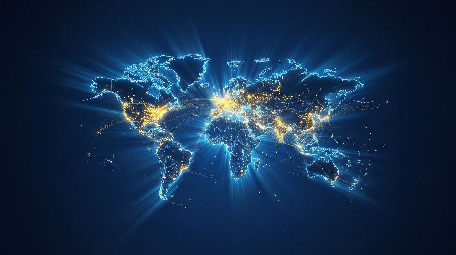 A glowing world map on deep navy, its continents outlined in blue light and scattered with gold points, brightest and densest over Europe, joined by fine arcs across the oceans