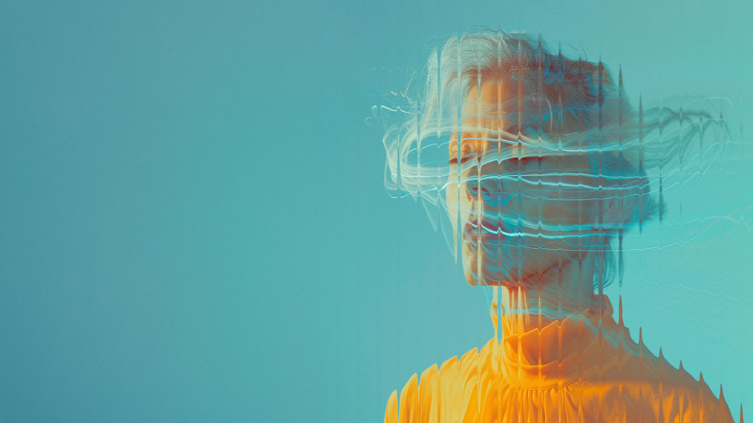 Portrait of a person in an orange top against a teal background, their face obscured by horizontal streaks of light
