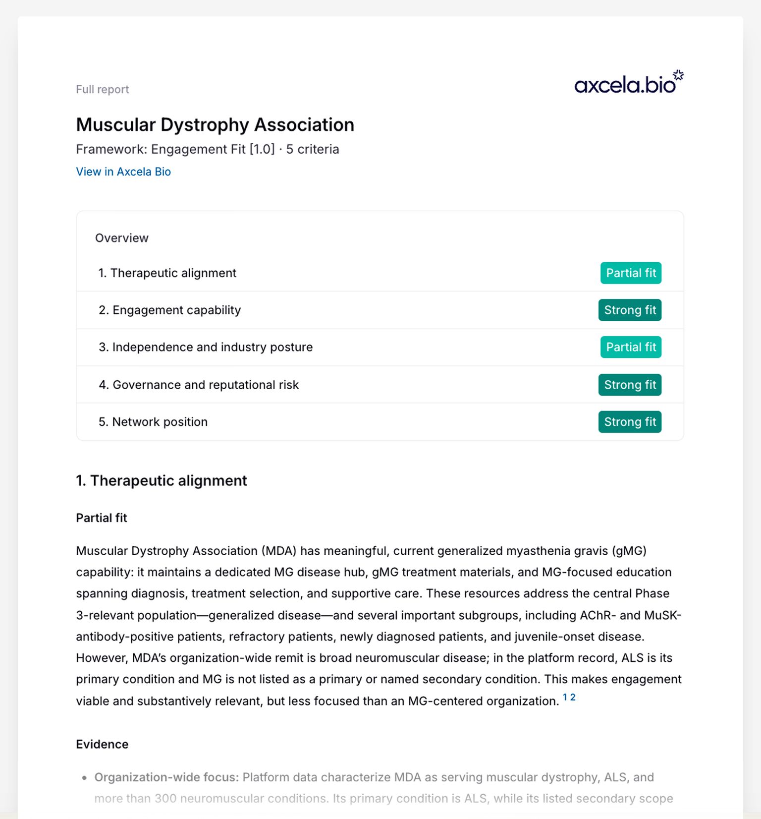 A full report for the Muscular Dystrophy Association: an overview listing five criteria with their fit ratings, then the first criterion set out with its rating, its reasoning and the evidence behind it
